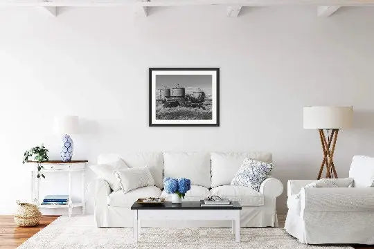 Massey Ferguson Combine and Grain Bins (B&W) Photo Print - Prairie Prints MT