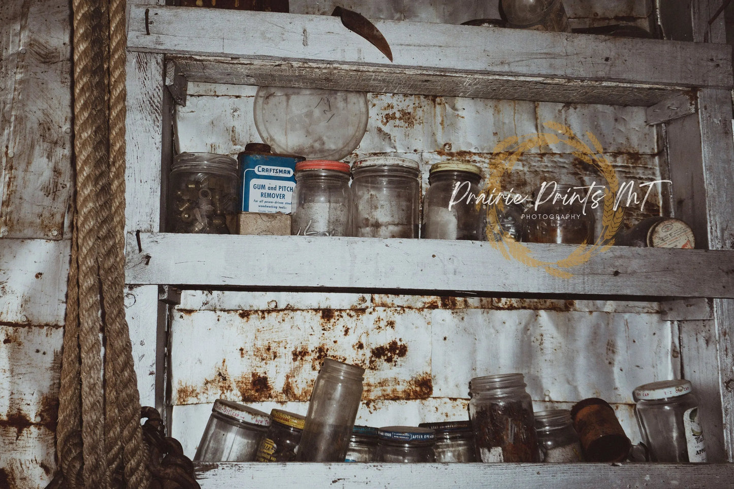 Vintage Jars, Bottles, and Cans, Rustic Wall Art Print, Farmhouse Decor - Prairie Prints MT