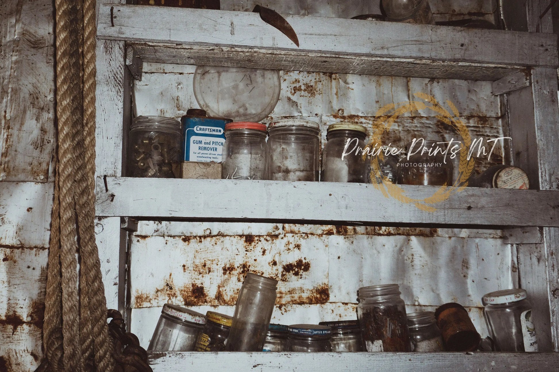 Vintage Jars, Bottles, and Cans, Rustic Wall Art Print, Farmhouse Decor - Prairie Prints MT