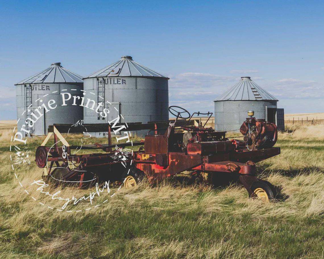 Framed Print 10x15 - Red Swather and Butler Bins - Rural Montana Wall Art