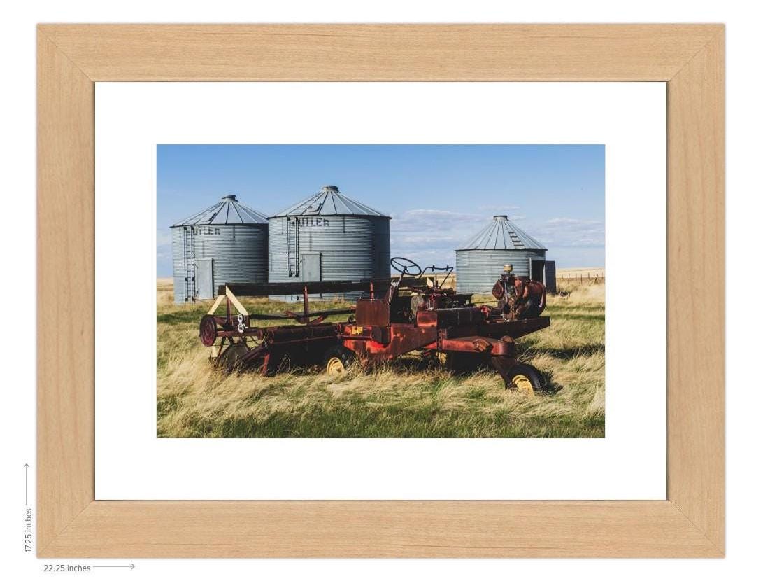Framed Print 10x15 - Red Swather and Butler Bins - Rural Montana Wall Art
