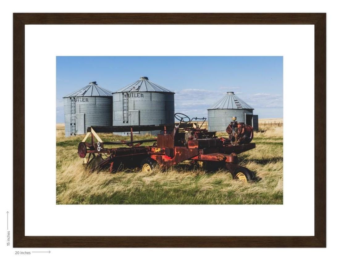 Framed Print 10x15 - Red Swather and Butler Bins - Rural Montana Wall Art